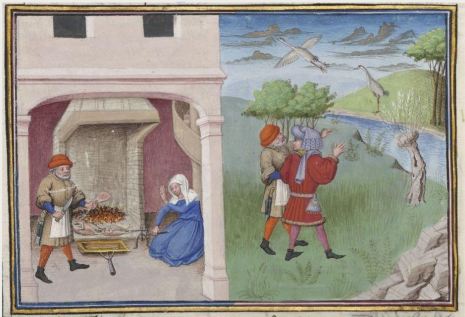 Fig: Maestro di Jean Mansel (1430-1450), [Chichibio offre una coscia della gru a Brunetta; Chichibio e Currado osservano le gru](http://www.enteboccaccio.it/s/casa-boccaccio/item/81)