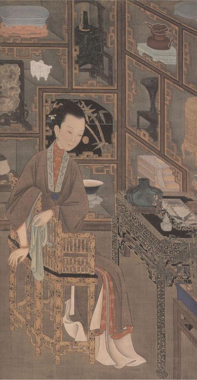 Figure 4: Figure 3: One of _Twelve Beauties Painted at Leisure for Prince Yinzhen, the Future Yongzheng Emperor_ (detail of screen), China, 1732. Twelve-panel screen, ink and color on silk, 194 x 98 (each panel). The Palace Museum, Beijing.