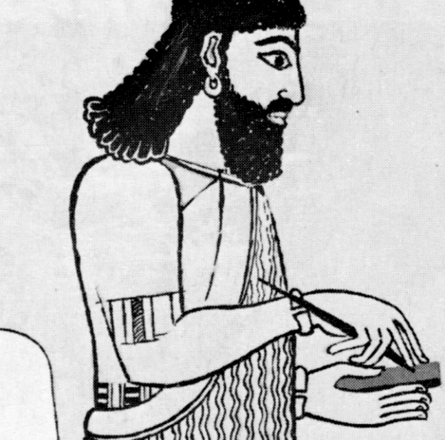 Assyrian scribe holding a tablet and a stylus - [Wikimedia](https://commons.wikimedia.org/wiki/File:Assyrian_scribes.jp) 