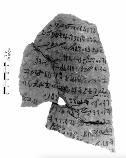 Fig. 1 – Een hiëratische kopie van ons ostrakon – Institut français d’archéologie orientale, Cairo – [O DeM 41](https://www.ifao.egnet.net/bases/archives/ostraca/?id=1759)