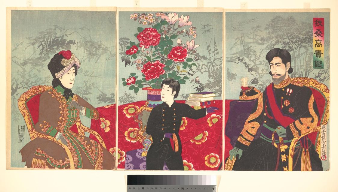 Fig: Yōshū (Hashimoto) Chikanobu (Japanese, 1838–1912), A Mirror of Japan’s Nobility: Emperor Meiji, His Wife, and Prince Haru (Fūsō kōki Kagami). 1887, Triptych of woodblock prints; ink and color on paper, 37.5 x 75.2 cm, [The Metropolitan Museum, New York](https://www.metmuseum.org/art/collection/search/55254)