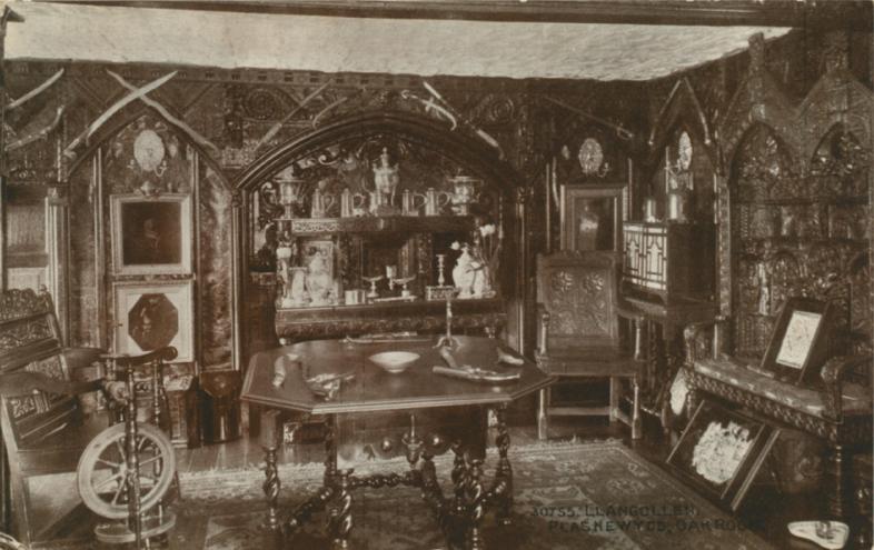 Fig. 5: Picture of living room of the Plas Newydd, collected in Trinity College Library, numbered Box 3.112-10. [JSTOR](https://www.jstor.org/stable/community.3847486?searchText=the+Ladies+of+Llangollen&searchUri=%2Faction%2FdoBasicSearch%3FQuery%3Dthe%2BLadies%2Bof%2BLlangollen%26groupefq%3DWyJjb250cmlidXRlZF9pbWFnZXMiXQ%253D%253D%26efqs%3DeyJjdHkiOlsiWTI5dWRISnBZblYwWldSZmFXMWhaMlZ6Il19%26doi%3D10.2307%252Fcommunity.3847484&ab_segments=0%2FSYC-6646_basic_search%2Fcontrol&refreqid=fastly-default%3A07d82867d7d1d311308952b3c4533591&searchkey=1669802469552)