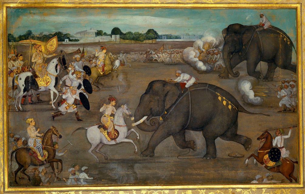 Figure: Attributed to Govardhan - Prince Awrangzeb faces a maddened elephant named Sudakar - from a manuscript of the Padshahnama, c.1635, India - [Royal Collections Trust](https://www.rct.uk/collection/search#/4/collection/1005025-ad/prince-awrangzeb-facing-a-maddened-elephant-named-sudhaka-7-june-1633)