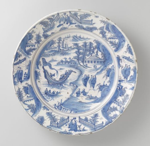 Fig. 9: Willem Jansz. Verstraeten (attributed to), Dish with Chinese landscape, Haarlem, c. 1650- 1660, faience, 5.7 cm (h), 37.7 cm (d), Rijksmuseum, Amsterdam, inv.nr. BK-NM-8242, Gift of A. Bredius, The Hague, http://hdl.handle.net/10934/RM0001.COLLECT.14405