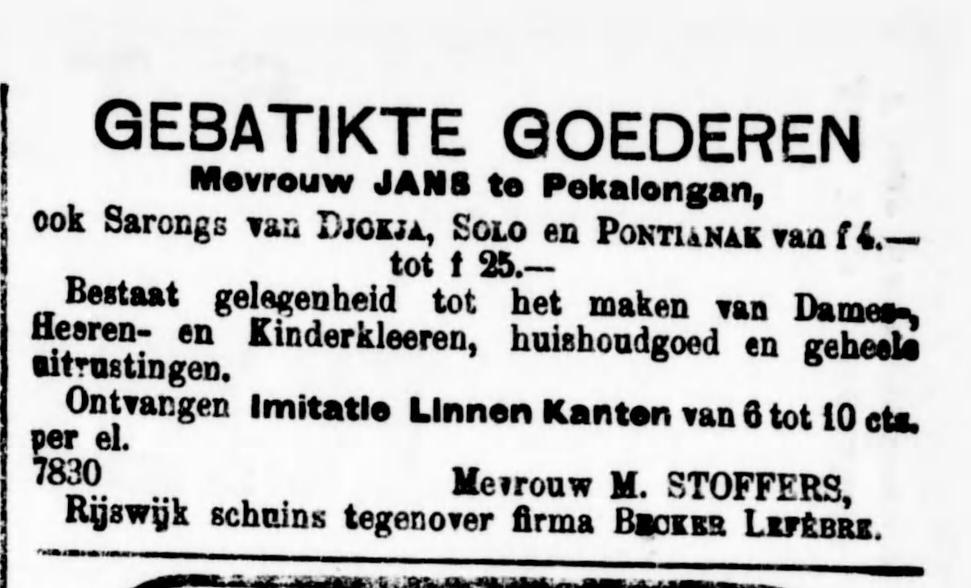 Fig. 1: “Batik products, Madam Jans in Pekalongan, also Sarongs from Djokja, Solo and Pontianak.” Source: Bataviaasch nieuwsblad date: 16-01-1901 Delpher.nl