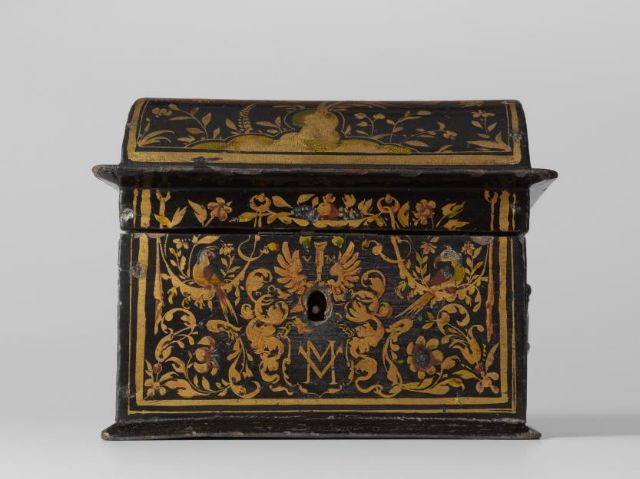 Fig. 10: Willem Kick (attributed to), chest of lacquered oak, Amsterdam, 1618, oak wood, varnish, 12×15.4×11.95 cm (h,w,d), Rijksmuseum, Amsterdam, AK-RAK-2009-1, http://hdl.handle.net/10934/RM0001.COLLECT.442168