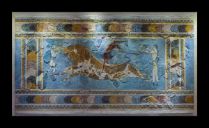 Minoan fresco with bull leaping (reconstruction, Herakleion) - [Wikicommons](https://commons.wikimedia.org/wiki/File:Bull_leaping_minoan_fresco_archmus_Heraklion.jpg )