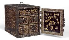 Fig. 3 Cabinet in Nanban Style, Victoria and Albert Museum, [W.100-1922](https://www.vam.ac.uk/articles/east-asian-lacquer-influence) Notice the dense and elaborate decoration in gold and mother of pearl, compared to the lacquer on the secretary.