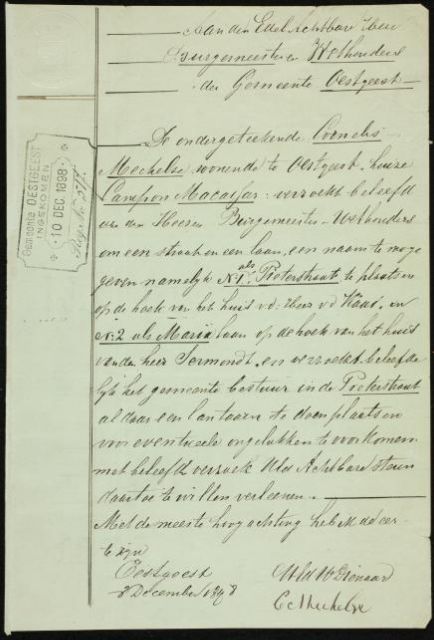 Fig. 1. Letter by Cornelis Mechelse with request to name the Marialaan and Pieterstraat – the current Reitzstraat and De Wetstraat. 0351 Inventory of the archive of the municipality of Oegstgeest (and Poelgeest), (1811) 1813-1930 (1969): 219.