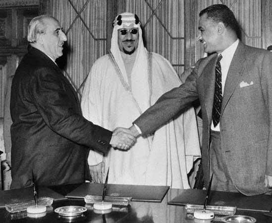 Fig 9: Presidents Abdel Nasser and Shukri al-Quwatli Signing Unity Pact, Forming the United Arab Republic, February 1958 [Wikimedia](https://commons.wikimedia.org/wiki/File:Shukri_al-Quwatli_et_Nasser.jpg)