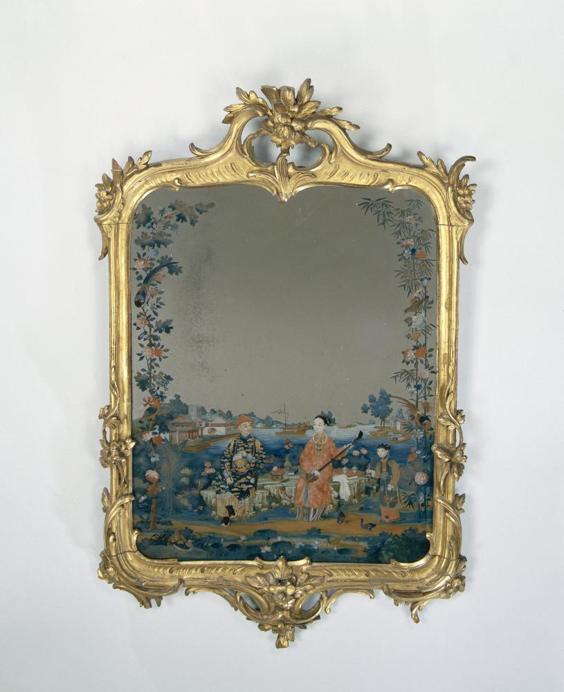 Fig. 1. Unknown, _Spiegellijst en spiegel met achterglasschildering met Chinese voorstellingen van musicerende figuren_, ca. 1755 – ca. 1770, H 81,0 cm × W 51,3 cm × D 9,5 cm, Rijksmuseum Amsterdam, Amsterdam, [BK-16726-A](http://hdl.handle.net/10934/RM0001.COLLECT.246918).