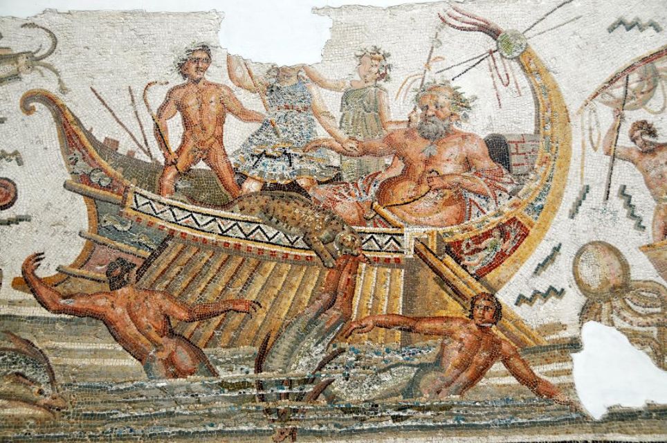 Dionysus punishes pirates. Detail from a Roman mosaic, 2nd century CE, Notice the tail of the ship - The National Bardo Museum, Tunis - [wikicommons](https://commons.wikimedia.org/wiki/File:Dionysus_at_Bardo_National_Museum.jpg)