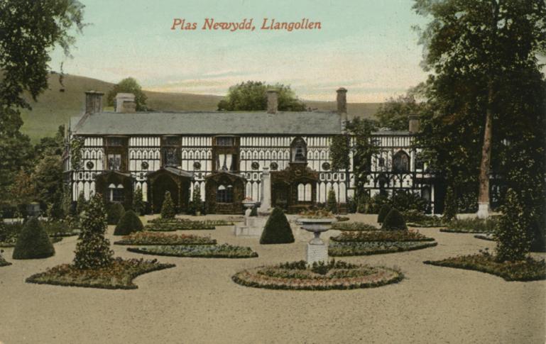 Fig. 7: Colored picture of the Plas Newydd, collected in Trinity College, Watkinson Library, numbered Box 3.112-5 [JSTOR](https://www.jstor.org/stable/community.3847484?searchText=the+Ladies+of+Llangollen&searchUri=%2Faction%2FdoBasicSearch%3FQuery%3Dthe%2BLadies%2Bof%2BLlangollen%26groupefq%3DWyJjb250cmlidXRlZF9pbWFnZXMiXQ%253D%253D%26efqs%3DeyJjdHkiOlsiWTI5dWRISnBZblYwWldSZmFXMWhaMlZ6Il19&ab_segments=0%2FSYC-6646_basic_search%2Fcontrol&refreqid=fastly-default%3A5f2d429fb087cfe08db590d2e980bfe0&searchkey=1669800810146)