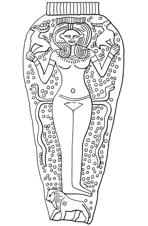 Fig. 18 - Line drawing of a pendant from Minet el Beida - [Ziffer et al, 2009](https://www.researchgate.net/figure/Qadesh-type-goddess-on-lion-Gold-pendant-Minet-el-Beida-Negbi-1976-100-fig-119_fig4_44209685)