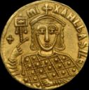 Coin of Michael III (842-867) depicting loros and scepter. [Wikimedia](https://commons.wikimedia.org/wiki/File:Solidus_of_Michael_III.png)