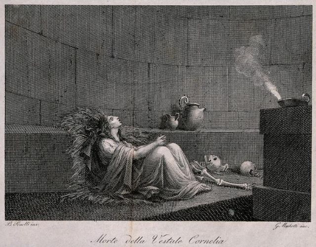 Vestal Virgin Cornelia buried alive surrounded by bones, line engraving by G. Machetti after B. Pinell - [wikicommons](https://commons.wikimedia.org/wiki/File:Cornelia,_the_Vestal_Virgin,_entombed_alive_surrounded_by_bo_Wellcome_V0041753.jpg)