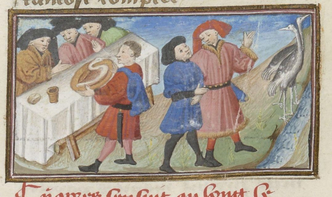 Fig: Scuola del Maestro del Duca di Bedford (1430 c.), [Chichibio serve la gru al tavolo dei nobili; Chichibio e Currado osservano le gru](http://www.enteboccaccio.it/s/casa-boccaccio/item/811)