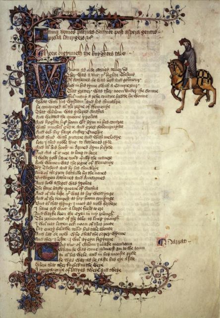Fig 1: First page of Knight’s Tale in the Ellesmere manuscript of the Canterbury Tales, 14th century - Geoffrey Chaucer - [Wikicommons](Chaucer_knight.jpg (2292×3301) (wikimedia.org)