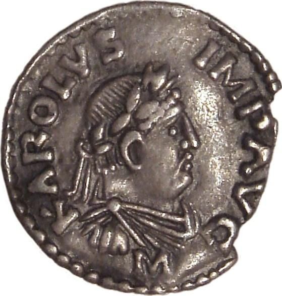 Coin of Emperor Charlemagne (812-814),  depicting him as Imperator Augustus, a contemporary of Irene - [Wikimedia commons](Charlemagne_denier_Mayence_812_814.jpg)