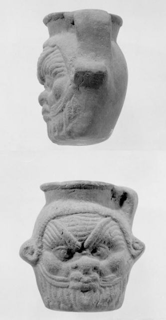 Fig 9: A terracotta pot or vase in the form of the head of Bes from Egypt – Rijksmuseum van Oudheden – [F 1965/10.1](https://hdl.handle.net/21.12126/1309)