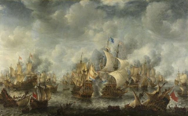 Figure 3: _The Battle of Scheveningen, 10 August 1653_, Jan Abramhasz Beerstraten. Oil on canvas https://en.wikipedia.org/wiki/File:Battle_of_Scheveningen_(Slag_bij_Ter_Heijde)(Jan_Abrahamsz._Beerstraten).jpg