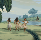 The three dancing women as depicted by Lisa Reihana in "In pursuit of Venus [infected]"