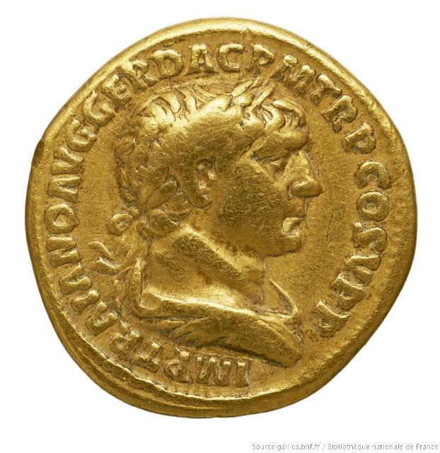  Figure 1: Golden coin of Trajan, RIC II Trajan 207 - [BNF Gallica](https://gallica.bnf.fr/ark:/12148/btv1b10448595m,)