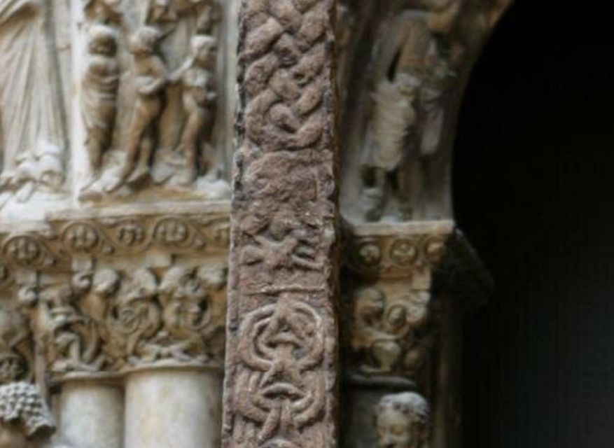 Viðarr’s fight with Fenris-wolf on the Gosforth Cross cast in the V&A Museum.