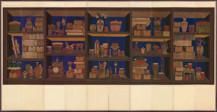 Fig. 1: A court-style _ch’aekkado_ in which the books and objects are arranged on shelves. From the National Museum of Korea. [동원3322](https://www.museum.go.kr/site/main/relic/search/view?relicId=4261).