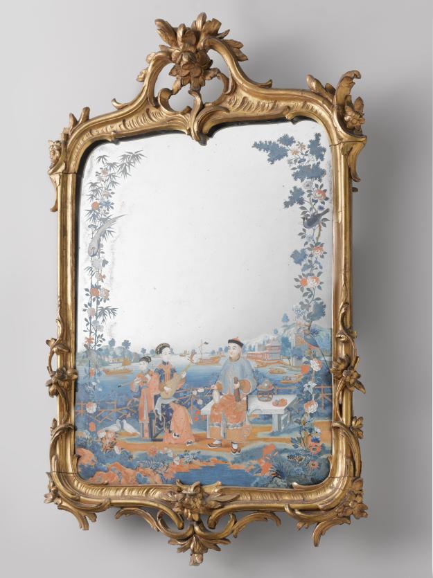 Fig. 2. Unknown, _Spiegellijst met spiegel met achterglasschildering met Chinese voorstelling van musicerende figuren_, ca. 1755 – ca. 1770, H 81,0 cm × W 51,0 cm × D 7,5 cm, Rijksmuseum Amsterdam, Amsterdam, [BK-16726-B](http://hdl.handle.net/10934/RM0001.COLLECT.246919).