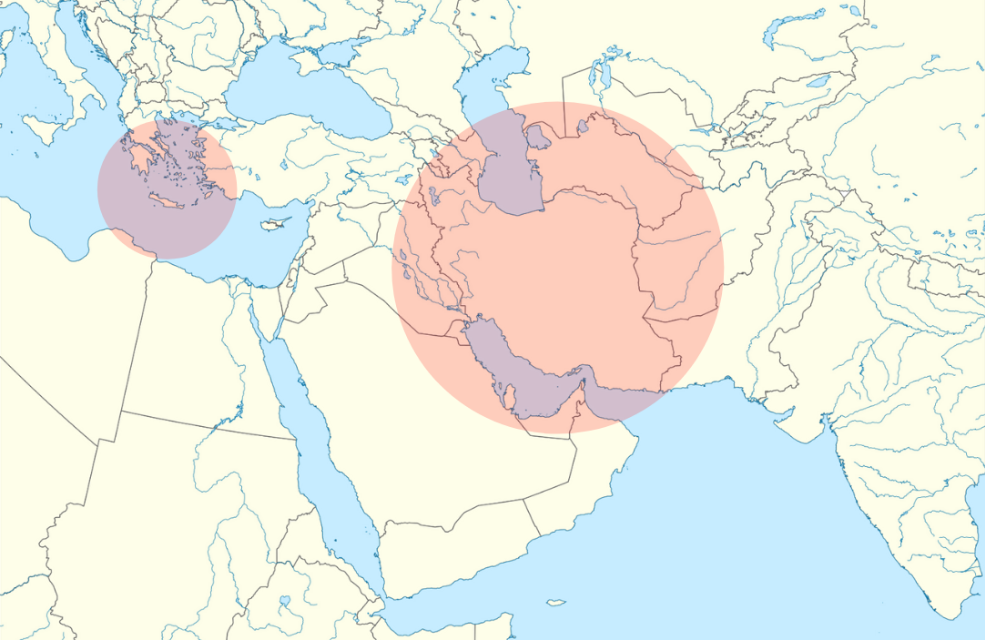 Fig 26: Location of Crete in relation to Iran (adapted) – [wikicommons](https://commons.wikimedia.org/wiki/File:Outline_map_of_Middle_East.svg)