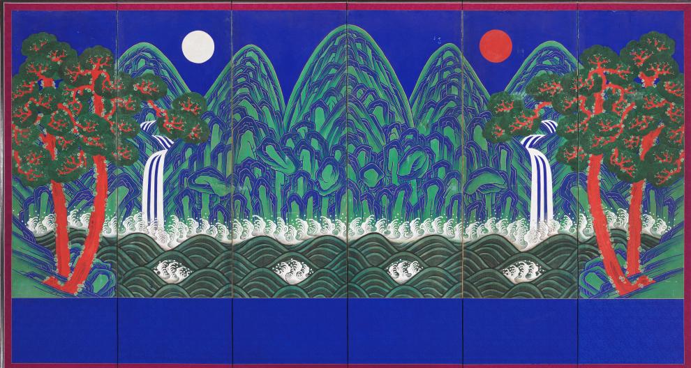 Fig.1: An _irwŏrobongdo_ (日月五峰圖) or “Painting of the Sun, Moon, and Five Peaks”, the folding screen placed behind the king’s throne during the Chosŏn dynasty. From the National Palace Museum of Korea, retrieved from eMuseum [창덕6416]