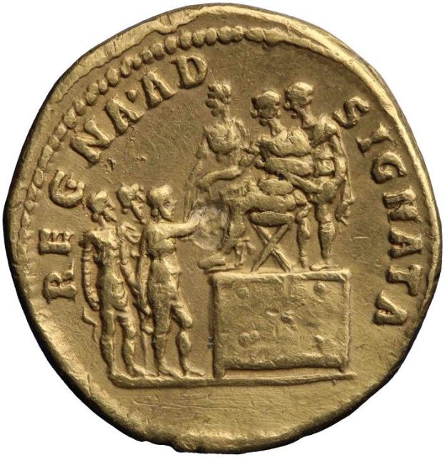 Fig 1: Gold coin (aureus) showing three kings getting ‘approval’ of the emperor [De Nederlandsche Bank; RIC II 366](https://nnc.dnb.nl/dnb-nnc-ontsluiting-frontend/#/collectie/object/SC-01203)