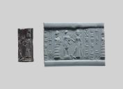 Fig. 13 - Seal impression showing Inanna with a long robe and her weapons in both hands - Metropolitan Museum of Art - [1987.96.5](https://www.metmuseum.org/art/collection/search/327283)