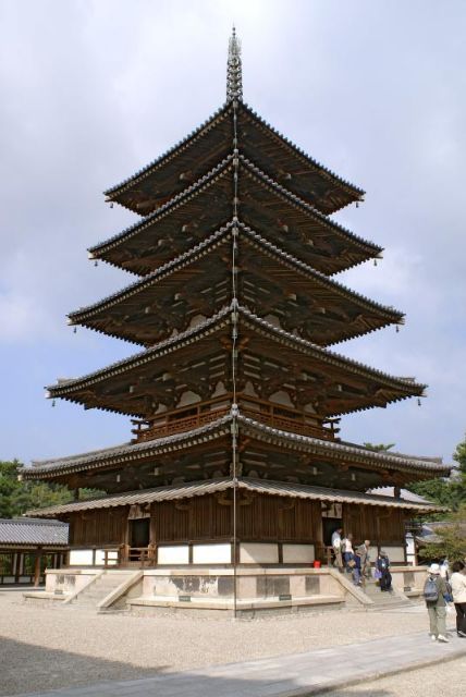 Fig : Wood five-story pagoda of Hōryū-ji in Japan, built in the 7th century, one of the oldest wooden buildings in the world - [Wikicommons](https://en.wikipedia.org/wiki/Pagoda#/media/File:Horyu-ji09s3200.jpg)
