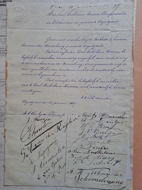 Fig. 3 - Letter of the residents living on the foremost part of the Morsweg, with complaints about the state of the street, 1887 - Erfgoed Leiden en Omstreken, gemeentearchief Oegstgeest, archief van het gemeentebestuur 1813-1930, inventarisnummer 1519