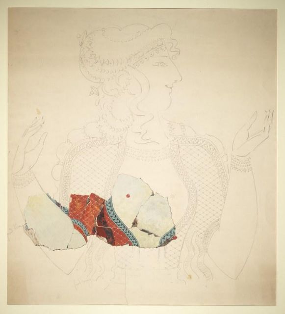 Fig. 6. 'Lady in Red' reconstruction by Gilliéron. (Cameron, M.A.S. (1971). ["The Lady in Red: A Complementary Figure to the Ladies in Blue."](https://www.jstor.org/stable/41674225), _Archaeology_ 24 (1): 42). 