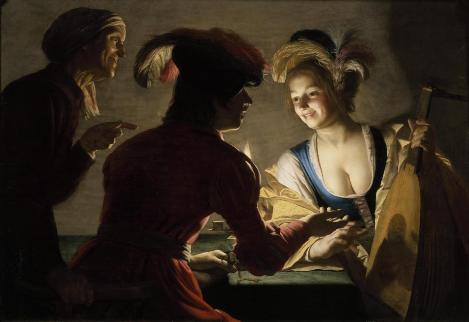 Figure 1: De Koppelaarster, 1625, Gerard van Honthorst (1592-1656). From the Centraal Museum Utrecht, [10786](https://hdl.handle.net/21.12130/collect.A02AA0D2-3DBF-4D28-9396-87CB6FF675DE).