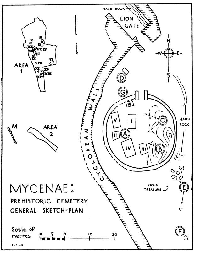 Fig. 5. Map of Mycenae’s graves - In Wace, A.J.B. (1950). [“Excavations at Mycenae, 1939.”]( https://www.jstor.org/stable/30096755), _The Annual of the British School at Athens_ 45:205)