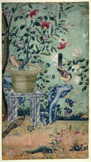 Fig 3: Panel of Chinese wallpaper, unknown maker, about 1750 – 1800, probably Canton, China. [VAM]( https://www.vam.ac.uk/articles/a-brief-history-of-wallpaper)