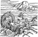 Figure 3: Conrad Lycosthenes, “Jonah and the Whale '' from Rodigiorum ac Ostentorum Chronicon, 1557. https://www.alamy.com/jonah-being-spewed-up-by-the-whale-in-middle-of-picture-he-is-shown-falling-overboard-and-being-swallowed-from-conrad-lycosthenes-prodigiorum-ac-ostentorum-chronicon-1557-woodcut-basel-image257298139.html