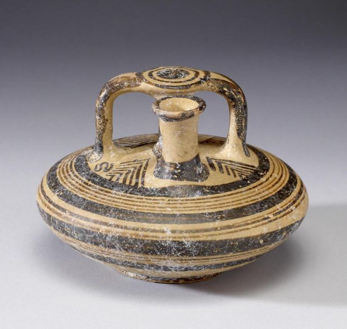 Figure 23: Small stirrup jar with geometric decoration, possibly used for storing scented oil, Crete, 16th cent. BCE - [The Walters](https://art.thewalters.org/detail/12807/stirrup-jar/)