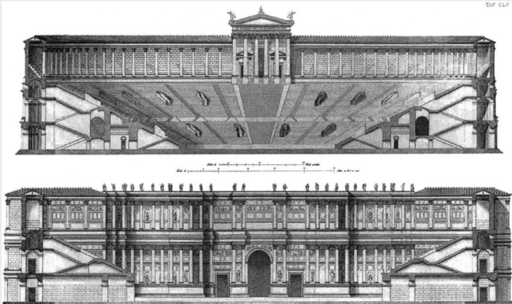 Sections of the Theatre of Pompey, displaying the Temple of Venus Victrix at the top centre. Drawing: Luigi Canina, 1851, Vol. 4, Plate 155. 