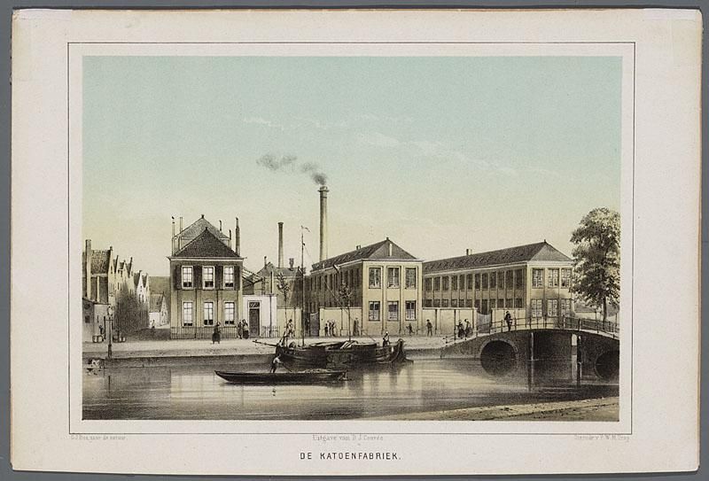 Fig.1 Our illustrator PWM Trap also printed this image of the factory in Leiden, owned by the Driessen family in what is now the Katoenpark in modern day Leiden. [Textiel museum](https://textielmuseum.nl/collectie/objecten/?diw-id=brabantcloud_textielmuseum-objecten_P0252)