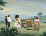 An interaction between the Europeans and Indigenous people as depicted by Lisa Reihana