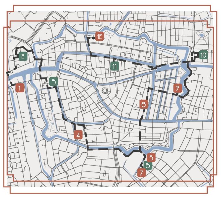 Fig. 1. Map of Leiden with Buurman’s designs highlighted [Bernard Buurman](https://bernardbuurman.nl)