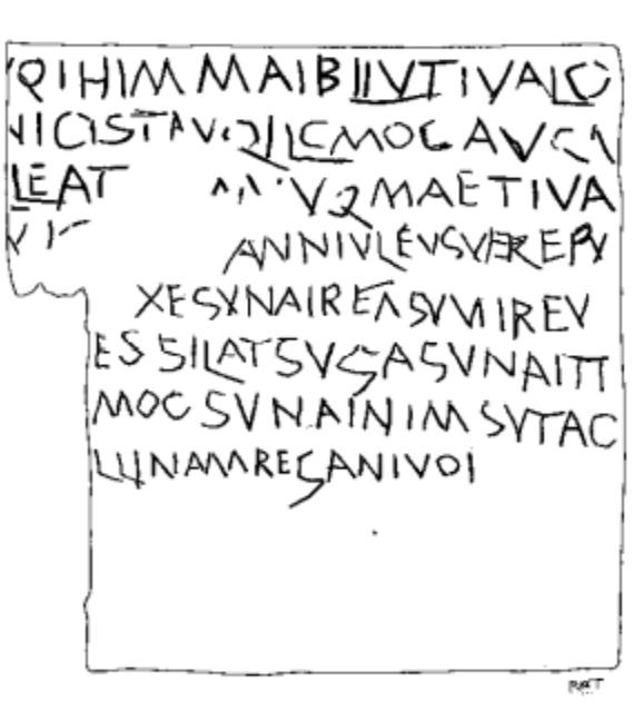 Fig. 5. Tekening van de inscriptie op dit vervloekingstablet (Tabula Sulis 4). Alle woorden zijn omgekeerd gespeld. Bron: B. Cunliffe (ed.), _The Temple of Sulis Minerva at Bath. Volume 2: The Finds From the Sacred Spring_ (Oxford 1988) 112.